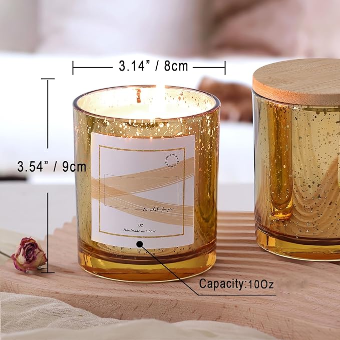 LAMORGIFT 12 Pack Gold Mercury Glass Candle Jars (10oz) with Lids - Candle Makes Accessory Set Including 15 Labels