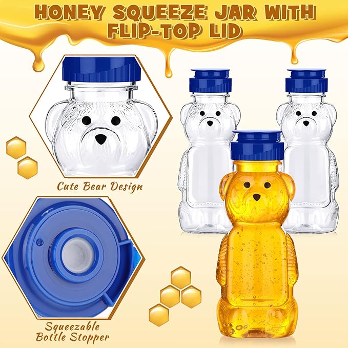 Thenshop 36 Pcs 8 oz Honey Jar Plastic Empty Bear Bottle Dispenser Clear Transparent Honey Containers Bear Cup Squeeze Bottle with Flip Top Lid for Storing Dispensing(Blue Lid)