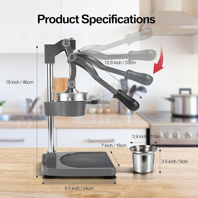 18 Inch Height Commercial Heavy Duty Cast Iron Hand Press Manual Orange Citrus Lemon Lime Grapefruit Pomegranate Fruit Juice Squeezer Machine with Stainless Steel Cup and Durable Base Grey