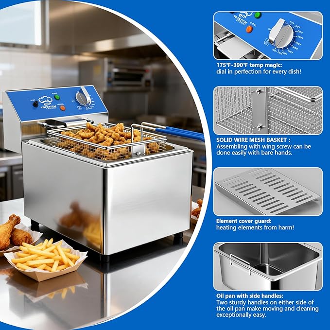 TOPKITCH 6L Electric Deep Fryer with Removable Oil Container and Handle, Solid Wire Mesh Basket and Lid, Lightweight Commercial Countertop Fryers - 120V 1800W