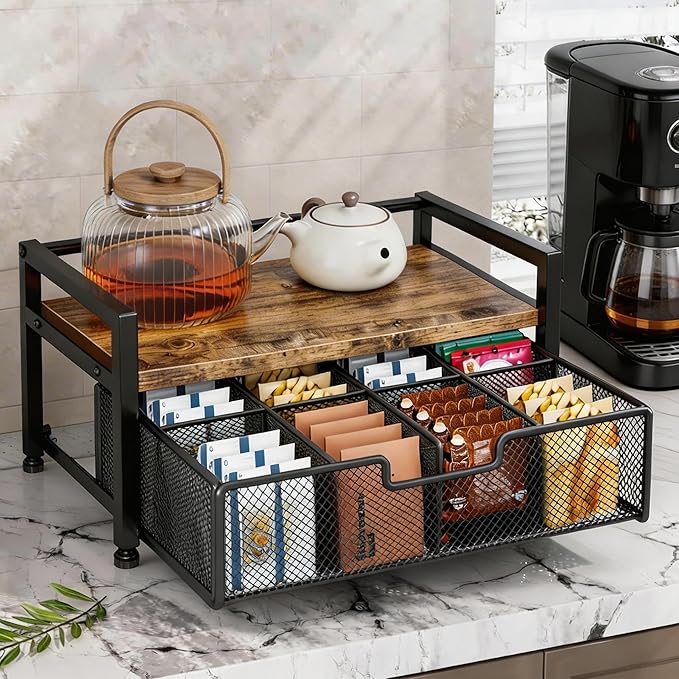 Tea Bag Organizer with 8-Compartment Mesh Drawer, Wood & Metal Holder Storage Chest for Countertop, Multi-Functional Coffee and Tea Station Box Caddy Display Rack for Kitchen Pantry, Rustic Brown