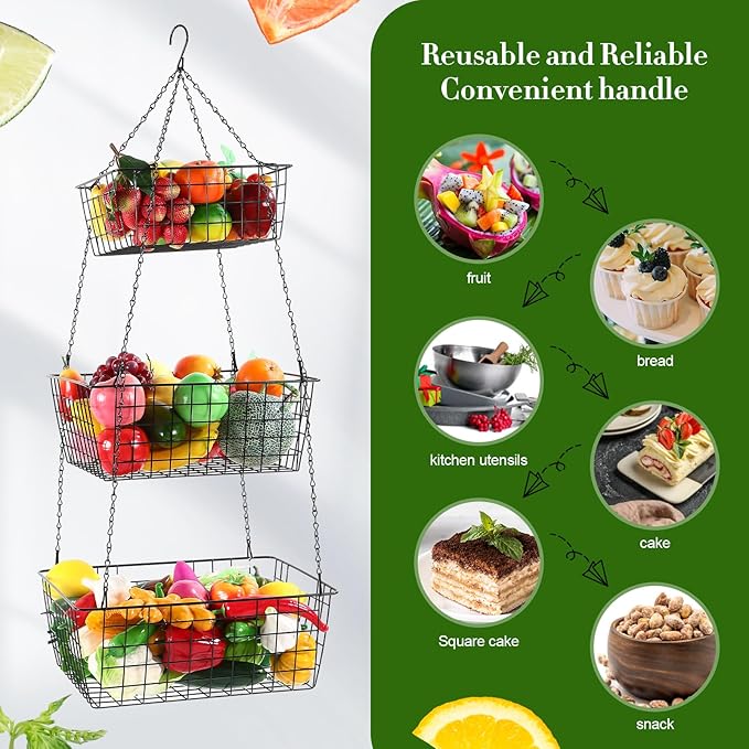 Hicarer 3 Tier Hanging Fruit Basket Square 35.4 Inch Fruit Organizer Kitchen Heavy Duty Wire Organizer with Metal Ceiling Hooks for Kitchen Vegetable Produce Storage