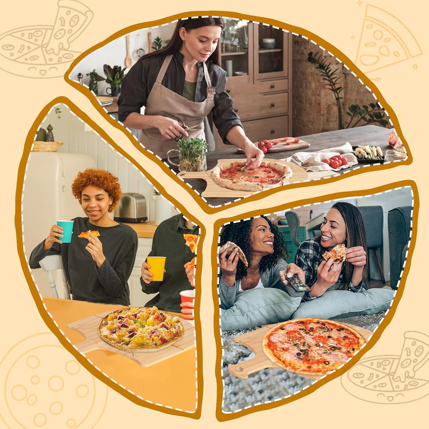 Pizza Peel Wooden, 2 Pack of 12 Inch Pizza Spatula Wood Non-Stick, Bamboo Pizza Paddle as Cutting Board with Cutting Grooves for Easy Pizza and Bread Making