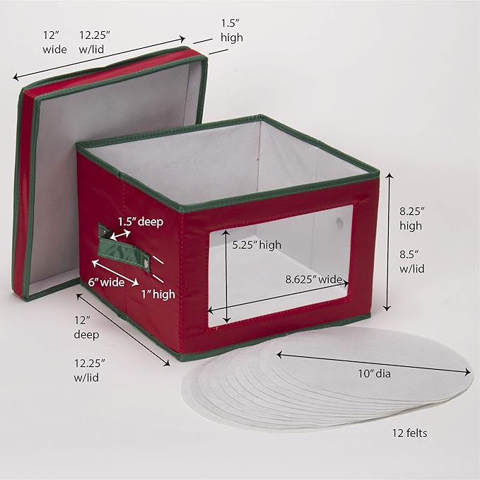 Household Essentials 536RED Holiday China Storage Chest with Lid and Handles | Dinner Plate | Red Canvas with Green Trim