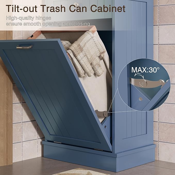 KIGOTY Tilt Out Trash Cabinet,Wooden Kitchen Trash Bin Holder Garbage Bin Recycling Cabinet Laundry Hamper with Solid Wood Countertop and Hideaway Drawer (Haze Blue)