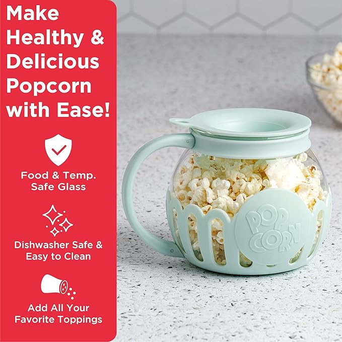 Ecolution Patented Micro-Pop Microwave Popcorn Popper with Temperature Safe Glass, 3-in-1 Lid Measures Kernels and Melts Butter, Made Without BPA, Dishwasher Safe, 1.5-Quart, Aqua