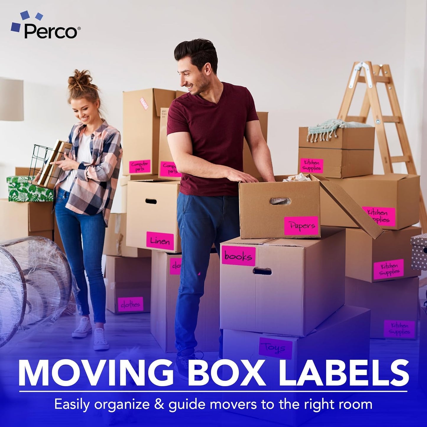 Perco Fluorescent Pink Labels 3x5 Inch 500 Stickers/Roll with Easy Peel Perforation and Strong Adhesion for Inventory Management, Color Coding, Moving Boxes, Retail, Organizing & Crafts – Made in USA
