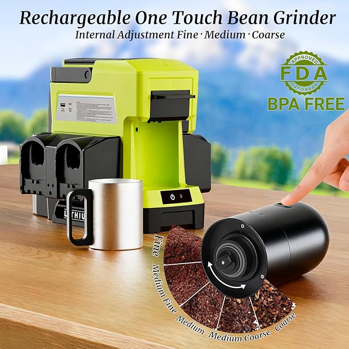 Cordless Coffee Maker for Ryobi 18V Battery, 3 Brewing Options Drip Coffee Maker with Coffee Grinder, Portable Single Serve Coffee Makers for Camping, Travel, and Jobsite. (Tool Only)