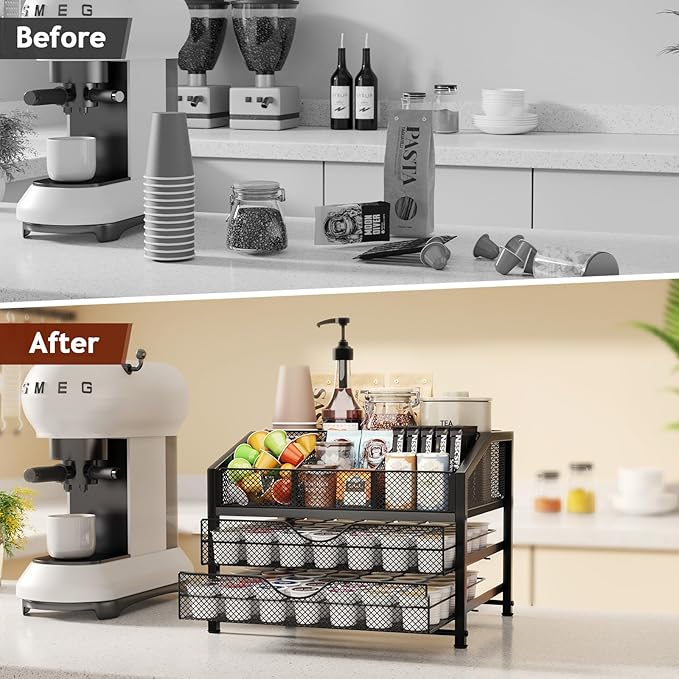 Homsorout Coffee Bar Organizer - Coffee Station for Countertop, Metal and Wood K Cup holder Storage Basket for Syrup, Cups, Stirrer, Condiment, Tea Organizer, Black