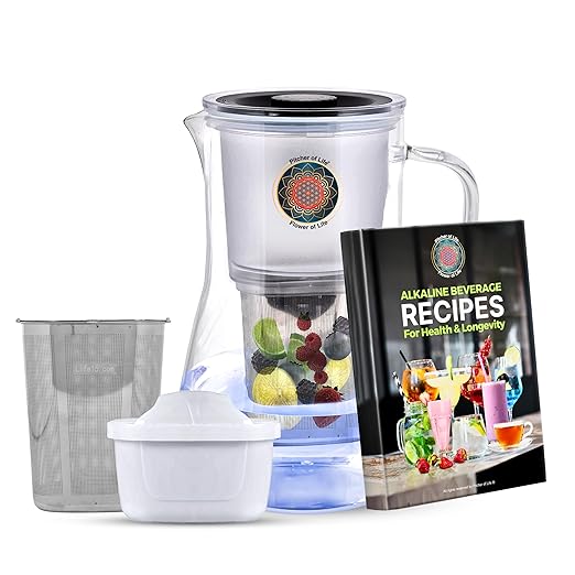 New Glass Pitcher of Life Alkaline Water Pitcher with Steel Infuser Premium Water Purifier & Alkalizer | Alkaline Beverages Recipes Book