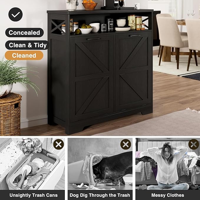 Befrases Double Tilt Out Trash Can Cabinet for 13 * 2 Gallon Garbage Can, Farmhouse Kitchen Garbage Trash Bin for Hidden Laundry Basket, Dual Dog Proof Recycling Cabinet for Dining Living Room, Black