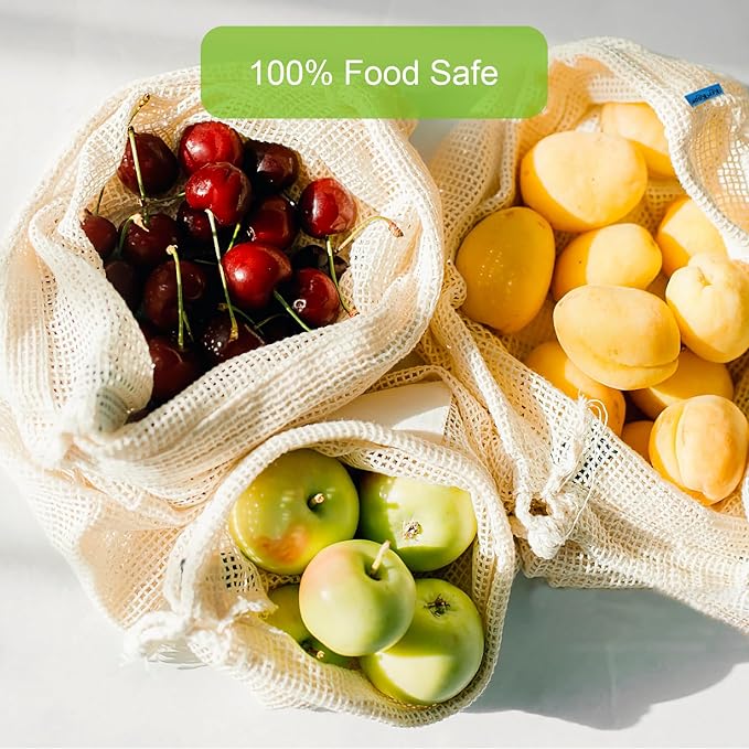 Reusable-Cotton-Mesh-Produce-shopping-Bags-Washable Eco Friendly Premium See Through Lightweight Net zero Bulk Bags for Veggie Fruit Vegetable Grocery Storage (9 Packs)