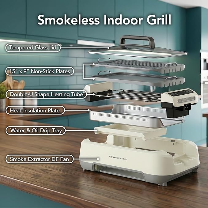 OVENTE Smokeless Indoor Grill, 1500W Electric Portable Korean BBQ Grill with One-Touch Control, LED Smart Display, Tempered Glass Lid, Two Removable Non-Stick and Dishwasher Safe Plates, White SGR85W