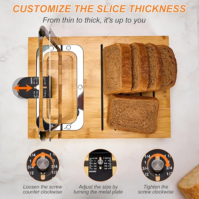 Bamboo Sourdough Bread Slicer for Homemade Breads with Bread Knife，Adjustable Slice Thickness and Bread Width, Stainless Steel Cutting Guides with Crumb Tray for Round Sourdough & Homemade Breads