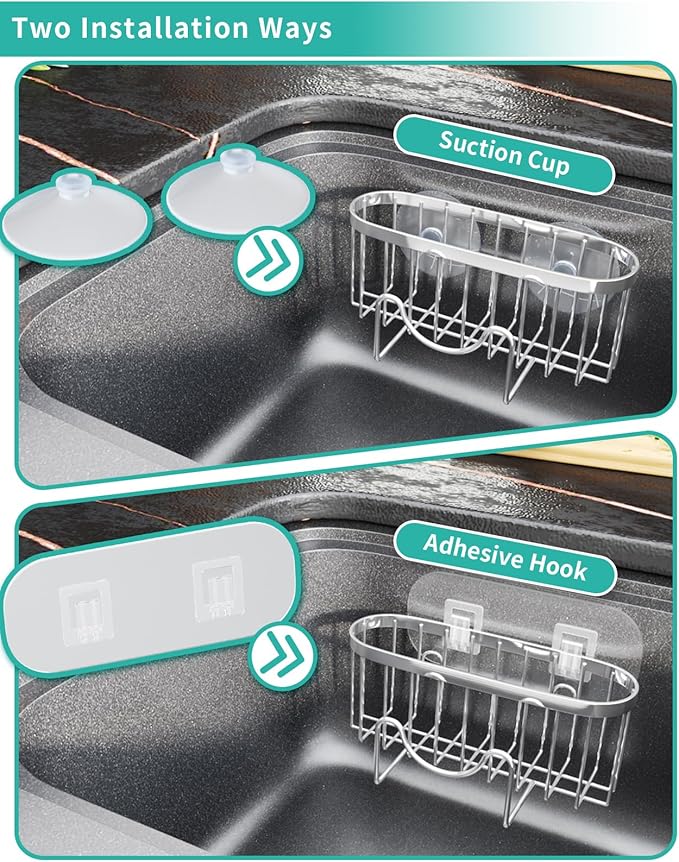 HapiRm Kitchen Sponge Holder for Sink - 2 Installation Methods Kitchen Sink Caddy Organizer with Unique M-Shaped, Rustproof Stainless Steel Sponge Caddy - Silver (Large)
