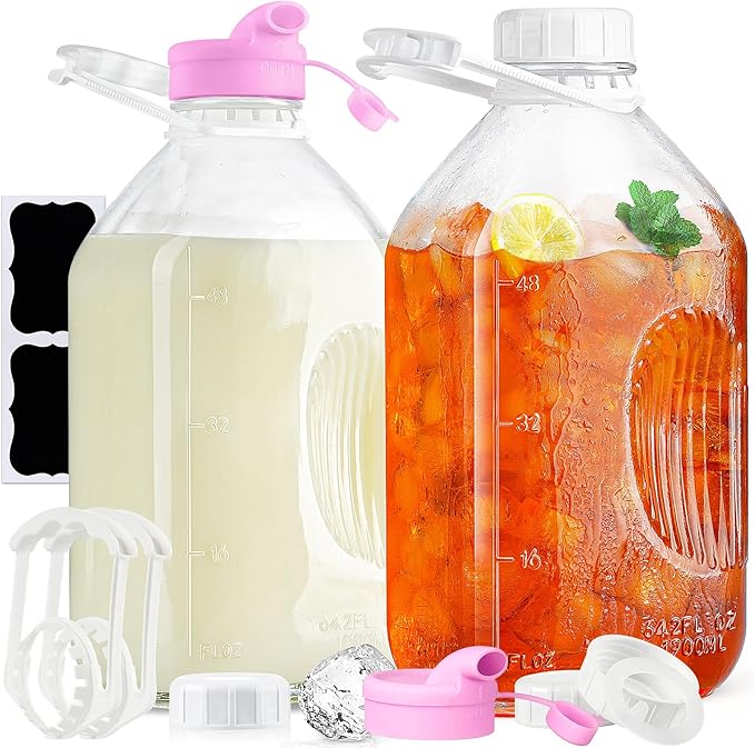 2 Pack 1/2 Gallon Glass Milk Bottles with Airtight Screw Lid & Handle & 2 Spouts - Heavy Duty Glass Water Bottles - Breastmilk Jug Pitcher with Scale Lines, Milk Container for Refrigerator Storage