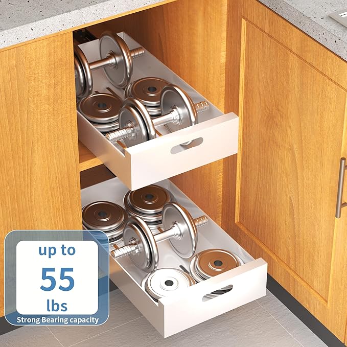 HBL' 2 Pack | 21" Deep Pull Out Cabinet Organizer Adhesive, 12-Inch Wide Sturdy Carbon Steel Roll-Out Drawers for Face Frame or Frameless Cabinets,Slide-Out Shelves for Pantry.