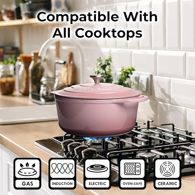 Zulay Kitchen 6 Quart Enameled Cast Iron Dutch Oven Pot with Lid – Premium Durability & Oven Safe up to 500°F – Heavy Duty Cookware Perfect for Bread Baking, Stews, Braising & Roasting - Pink