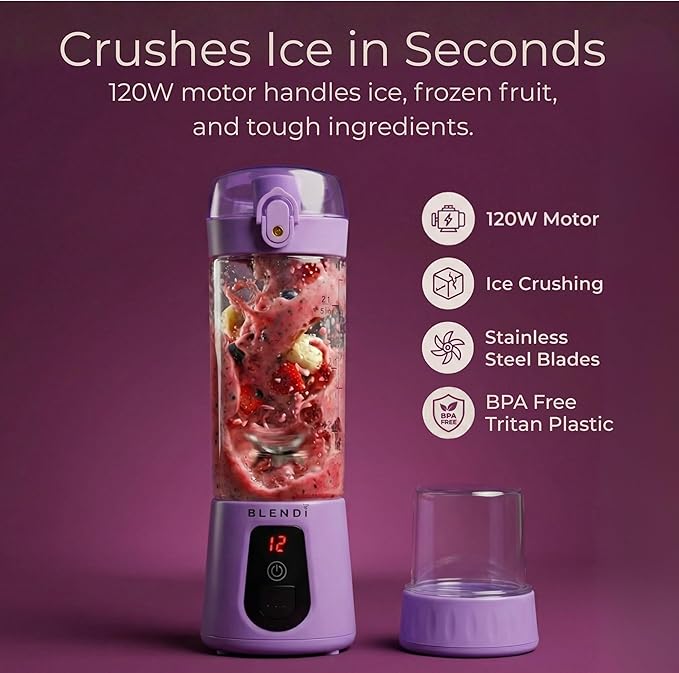 BLENDi Pro+ Portable Blender (17.5oz, Purple) – Powerful Ice Crushing 120W Motor, USB-C Rechargeable, Cordless Personal Blender Smoothies, Shakes & More – BPA-Free, Self-Cleaning, Travel-Friendly