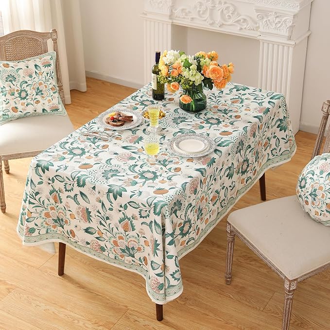 patdrea Designer Green Extra Long Rectangle Table Cloth,Italian Floral Country Linen Breathable Tablecloth,Decor Cover for Kitchen Dining,Christmas,Tea Party,Thanksgiving,63"x110"-Tree Life