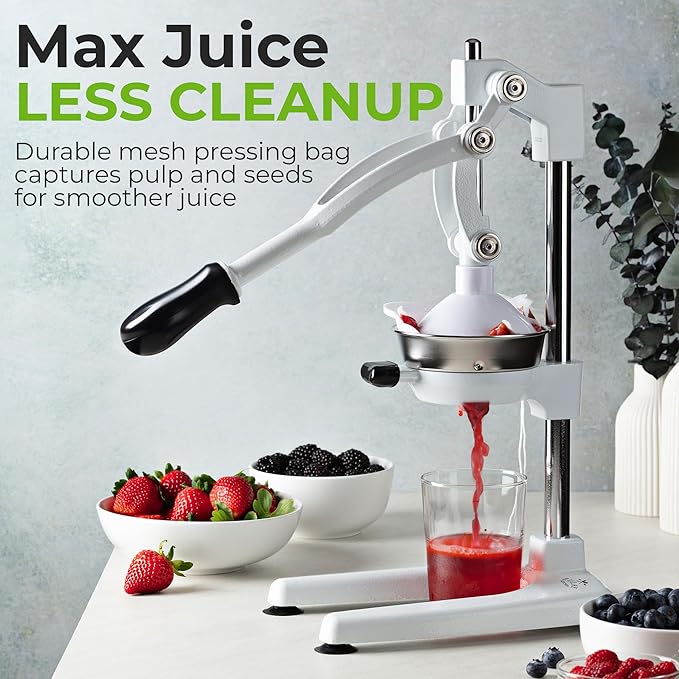 Zulay Kitchen Pulperizer 9 in 1 Cast Iron Juicer - Easy-to-Clean Heavy-Duty Manual Juicer with Presser Attachment to Juice All Types of Fruits! Extra Tall with Stainless Steel Bowl - White