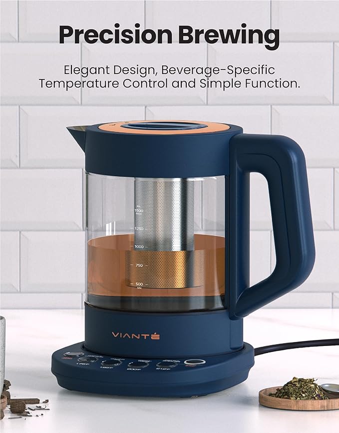 Vianté Electric Kettle With Infuser. No Plastic In Contact With Water. Hot Tea Maker With Temperature Control And Automatic Shut Off. 1.5 Liters Capacity | Midnight Blue Color
