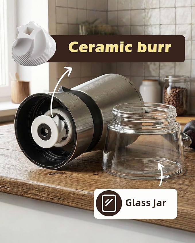 78g Large Capacity Manual Coffee Grinder with Handle Crank, Conical Ceramic Burr Mill, Adjustable Grind Settings, Glass Jar, Handheld Coffeegrinder for Home Use,Travel, Camping, Quiet and Portable