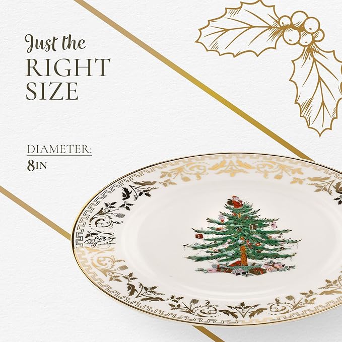 Spode Christmas Tree Gold Salad Plate (Set of 4) – 8-Inch Porcelain Dinner & Appetizer, Christmas Dinnerware & Holiday Tableware, Microwave & Dishwasher Safe, Festive Seasonal Dining Plate