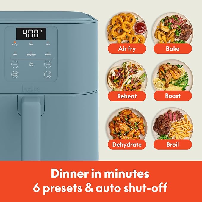 bella 6 Qt Slim Air Fryer, Fits-anywhere™ Kitchenware, EverGood™ Ceramic Nonstick Coating, Adjustable Temperature, 6 Preset Cooking Options, 60 Min Auto Shutoff w Audible Tone, 5lb Capacity, Surf