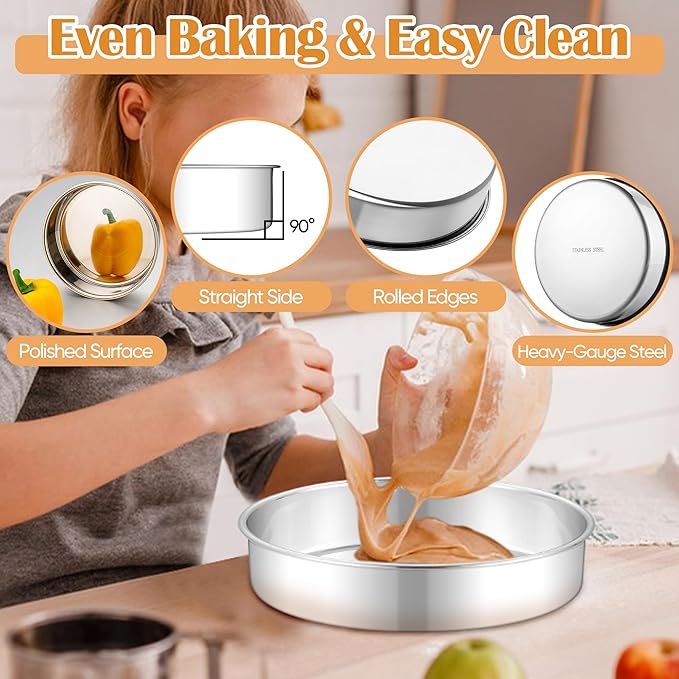 E-far 11 Inch Cake Pan Set of 2, Stainless Steel Large Round Baking Pans Tins, Non-Toxic & Leak-Proof Mold for Birthday Wedding Layer Tiered Cake, Easy Clean & Dishwasher Safe