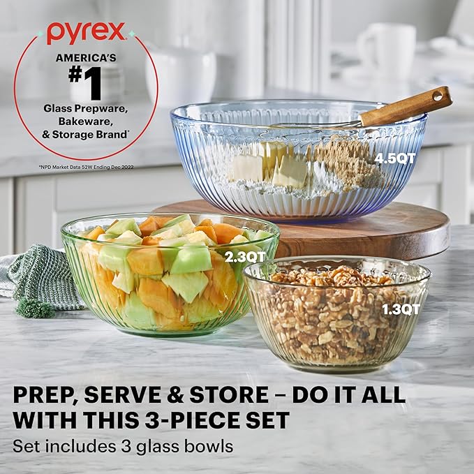 Pyrex Colors Tinted (3-Pack, Full Set) Sculpted Tinted Glass Mixing Bowls With Plastic Lids, Nesting Space Saving Set of Bowls For Prepping and Baking, 1.3QT, 2.3QT & 4.5QT