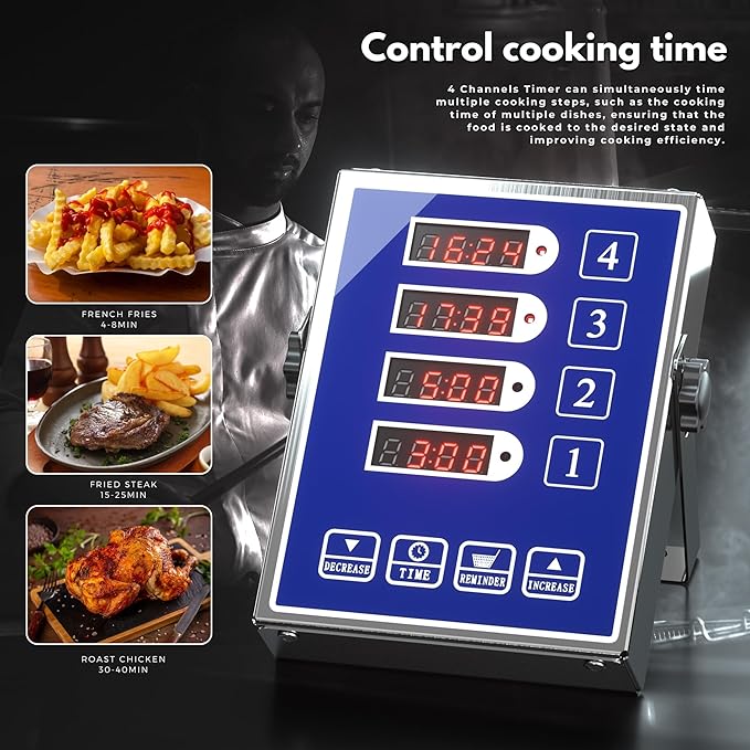 Commercial Kitchen Timer with 4 Channels, Digital Timer for Cooking, Loud Alarm Volume +/-, Food Truck Restaurant Supplies, Heavy Duty Stainless Steel Large Timers, Waterproof Panel & Memory Function