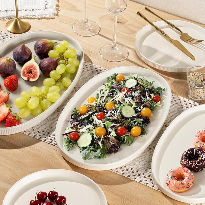 theterra Ceramic Serving Platter, 15.6"/14.4"/12.2" Oval Serving Dishes for Entertaining, Oven Safe, Microwave Safe, Serving Plates Set of 3 for Wedding, Party, Turkey, Beige