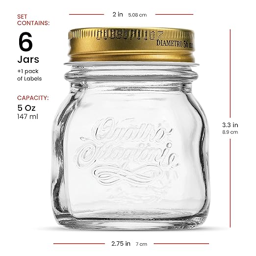 Bormioli Rocco Quattro Stagioni Small Glass Mason Jars 5 Ounce Mini Jars (6-Pack) with Metal Airtight Lid, For Jam, Jelly, baby food, Crafts, Spices, Dry Food Storage, Wedding favors, Decorating Jar