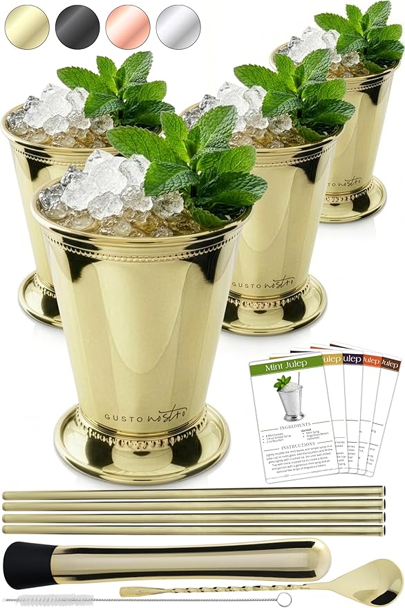 Gusto Nostro Mint Julep Cups Set of 4 - Stainless Steel Julep Cup Kit with Straws, Muddler, Spoon, Recipes, Vases - Southern-style Cocktail Glasses for Home Bar - Stainless Steel Cocktail Cups (Gold)