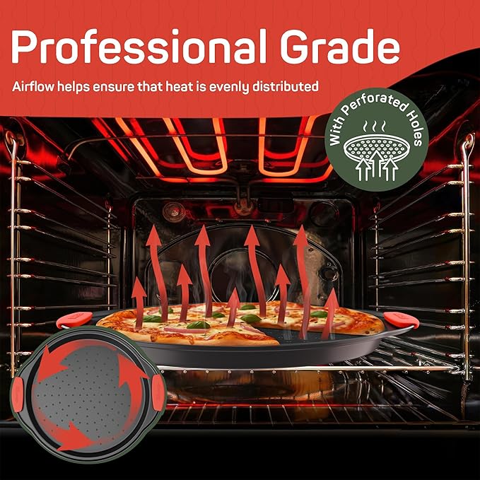 Non-Stick Pizza Pan with Silicone Handle 1 Pack, 13 Inch Round Carbon Steel Tray with Perforated Holes, Dishwasher & Oven Safe Up To 450°F, PFOAPFOSPTFE Free, Durable Nonstick Gray Coating
