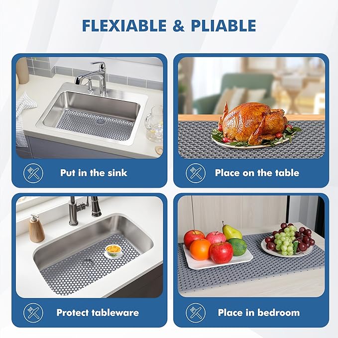 Bestjing Silicone Sink Protectors for Kitchen Sink - 28.4"x 14.3" Kitchen Protector Mat Accessory, Non-Slip Heat Resistant Mat for Bottom of Farmhouse Porcelain Stainless Steel, Dishwasher Safe (Gray)