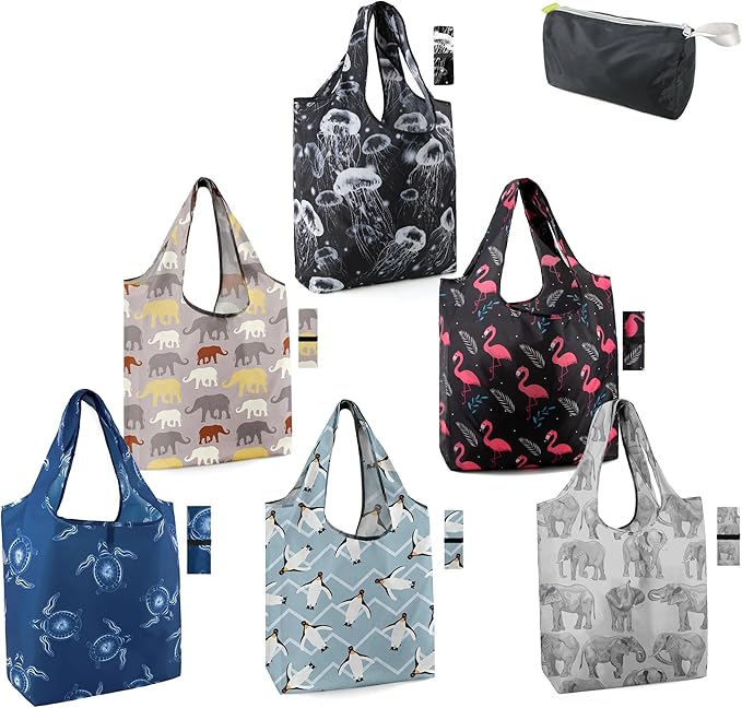 BeeGreen Turtle Reusable Grocery Bags Frog Elephant Penguin Jellyfish Shopping Bags Bulk 50LBS X-Large Heavy Duty 6 Pieces