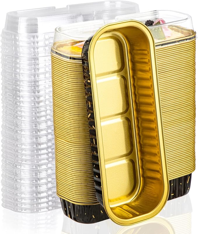 EUSOAR Disposable Mini Loaf Pans with Lids, 100pcs 6.8oz 6.5"x2.5"x1.2" Aluminum Foil Tin Baking Cups, Cupcake Dessert Cups Cheesecake Creme Brulee Ramekins Pan for Wedding Shower