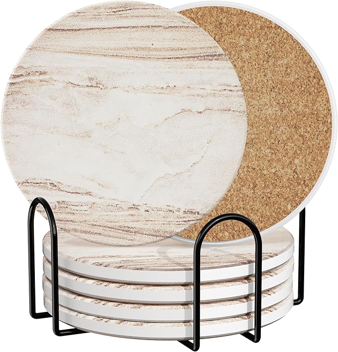 Coasters Set of 6 for Drinks, Beer, Coffee, Coasters for Drinks Absorbent Stone with Holder, Marble Style Ceramic Drink Coaster for Tabletop Protection and Home Decor, Suitable for Kinds of Cups