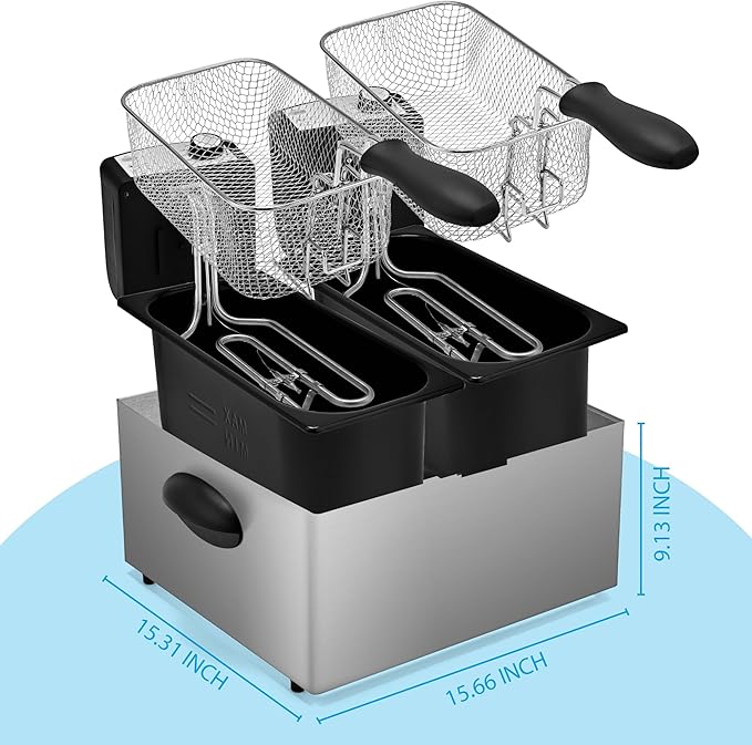 Pukomc Electric Double Deep Fryer with 2 Baskets & Lids, 3L Stainless Steel Removable Double Fryer,Temperature Control,Overheat Protection,3000W