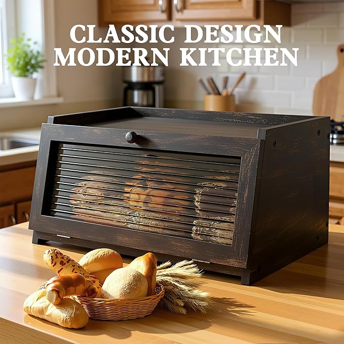 LOHASOK Bread Box for Kitchen Countertop Large Farmhouse Bread Container Bread Storage with Window Wooden Bread Holder