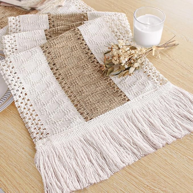 FEXIA Boho Table Runner for Spring Home Decor with Tassels 72 Inches Long Farmhouse Rustic Table Runner Macrame Burlap Table Decoration for Kitchen Living Room Bridal Shower(12x72 Inches)