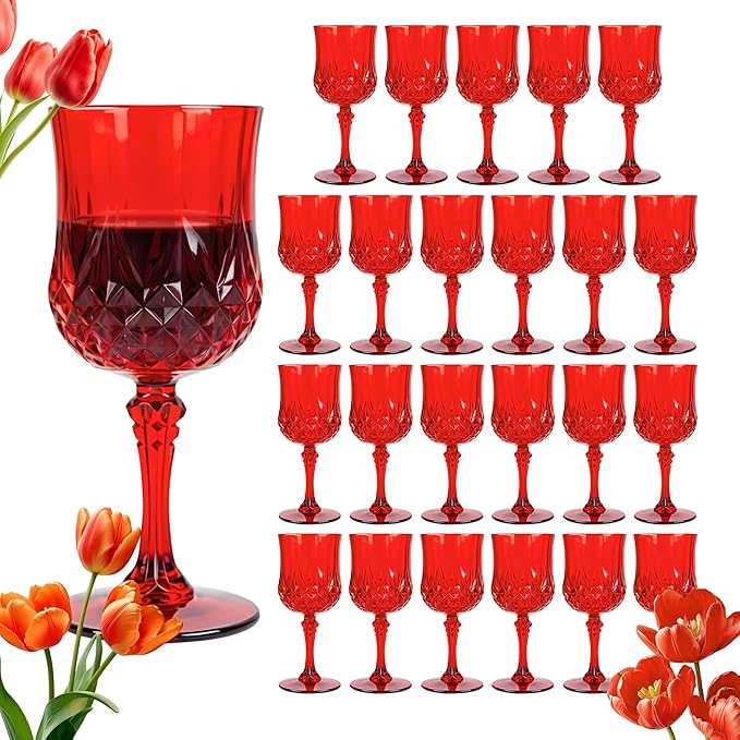 Plastic Wine Glasses, Plastic Goblets Vintage Style Cordial Unbreakable Drinking Glasses, Reusable Drinkware for Wedding Reception, Grand Event Party Supplies,Mother's Day(24, Red)