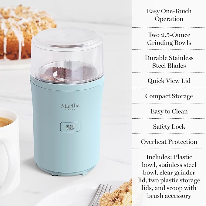 Martha Stewart Electric Coffee & Spice Grinder, Dual 2.5oz Removable Bowls, Storage Lids, Stainless Steel Blades, One Touch Pulse Control, 2-in-1 Compact, Beans & Spices, Herbs & Nuts, Sky Blue