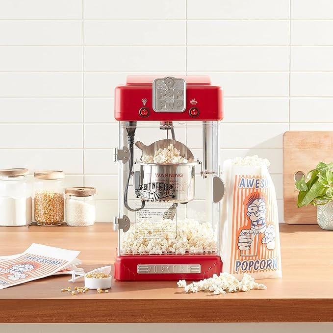 Pop Pup Popcorn Machine - 2.5oz Popper with Stainless-Steel Kettle, Serving Tray, Warming Light and Accessories by Great Northern Popcorn (Red)