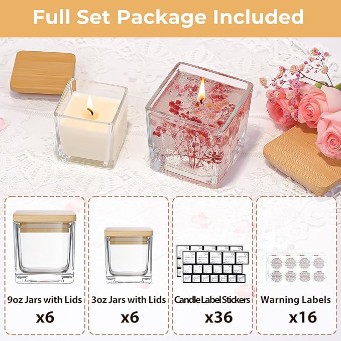 CONNOO 12 Pack 9oz, 3oz Clear Square Candle Jars for Making Candles, Thick Glass Bulk Empty Candle Containers with Airtight Bamboo Lids for Candle Making, Sticky Warning Labels - Dishwasher Safe