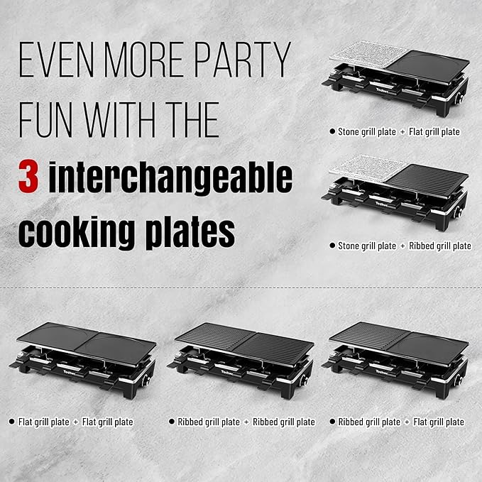 Raclette Grill, Techwood Electric Indoor Grill with 2 Reversible Non-stick Grill Griddle Plates, 1 Stone Grill Plate, 1500W Fast Heating with 8 Cheese Pans, Ideal for Parties and Family Fun, Black