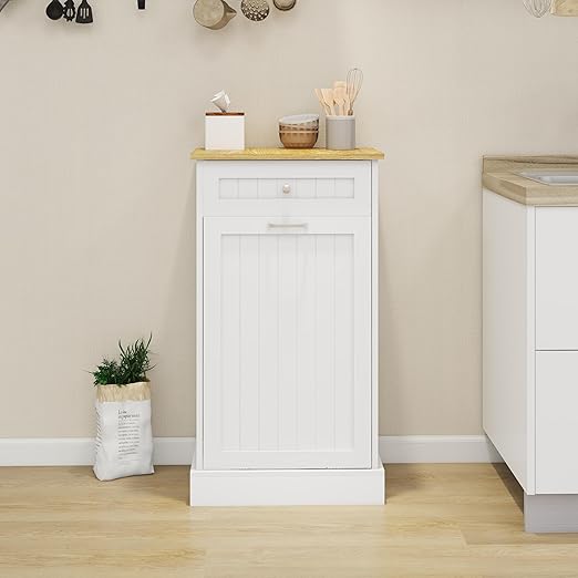 Wooden Simple Style Kitchen Trash Cabinet, Wooden Frame with Drawers and Tilt-Out Trash Cabinet for 10 Gallon Trash Cans 19.69'' W x 13.78'' D x 35.43'' H (White-021)