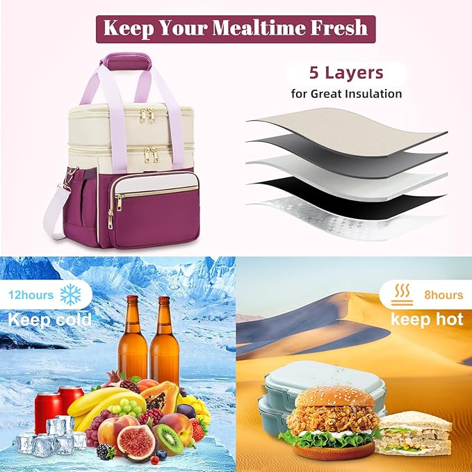 holuxer Insulated Lunch Bag & Lunch Box for Women - Double Deck Reusable Lunch Bag for men Tote Cooler Bag Leakproof Soft Expandable - Large Lunchbox for Work/Adult/Picnic/Outdoor (Light Purple，15L)